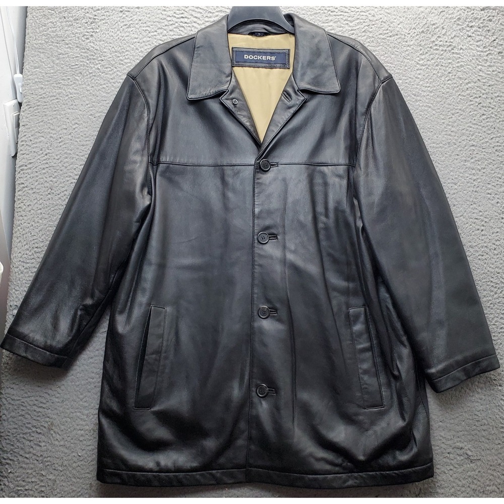Dockers Lamb Leather Jacket Mens XL Black Long Sleeve Collared Button Front EUC